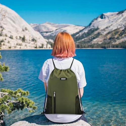 Image of WANDF Drawstring Backpack Sports Gym Sackpack with Mesh Pockets Water Resistant String Bag for Women Men (Dark Green)