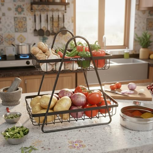Image of 2 Tier Metal Fruit and Vegetables Basket with Handle|Fruit Vegetables Snacks and Bread Organizer for Kitchen, Dining Table, Livingroom|Bathroom Countertop Basket Stand - Black