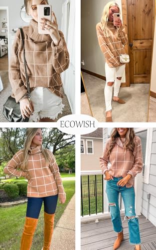 Image of ECOWISH Women Fall Pullover Sweater Turtleneck Plaid Long Sleeve Loose Casual Chunky Checked Knit Winter Sweaters Jumper Tops
