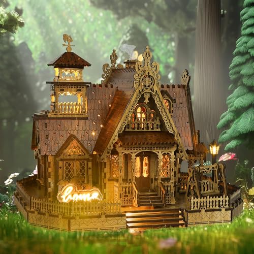 FUNPOLA 3Dパズル 木製パズル 木の模型 田園のコテージ モデル DIYミニチュア 建築キット LEDライト付き 大人と子供向け ギフト 説明書付き 贈り物 251PCS