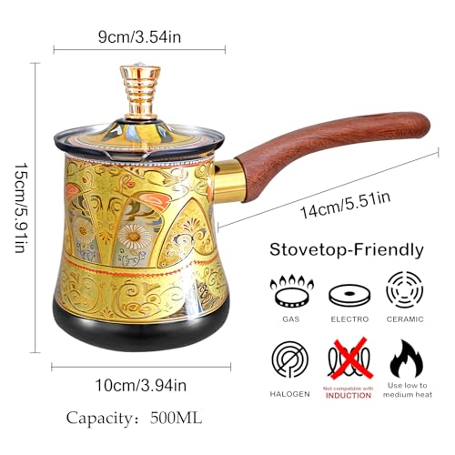 swsce Turkish Arabic Coffee Pot with Wooden Handle,Stove Top Water Boiler, Coffee Maker, Butter, Chocolate & Milk Warmer,Even and Quick Heat with Handcrafted Metal Material (Black and Gold) - Thumbnail 2