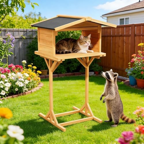 Outdoor Cat Feeding Station, Elevated Feral Cat House and Shelter...