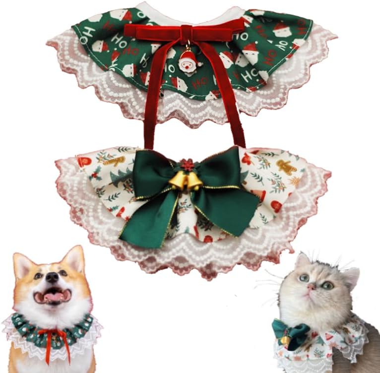 Miniatura 1 de Paquete de 2 baberos para mascotas, toalla de saliva para gato, babero de peluche para gato, bufanda de cuello redondo, bufanda de encaje dulce de