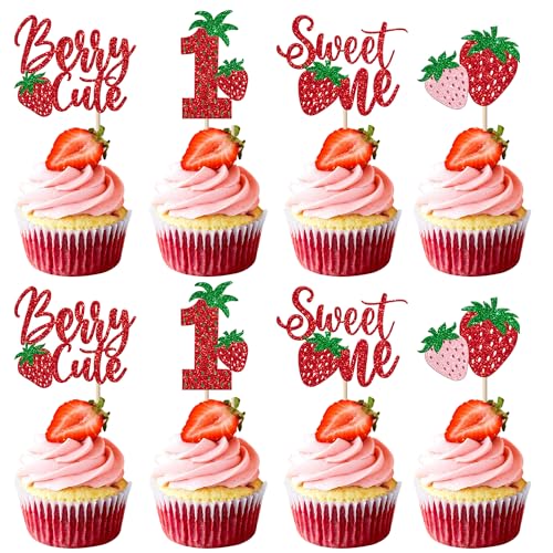 Rsstarxi 24 Pack Sweet One Cupcake Toppers Glitter Strawberry First Birthday Cupcake Picks Decorations for Berry Sweet Fruit Baby Shower 1st Birthday Party Cake Decorations