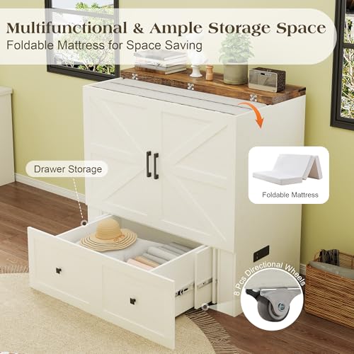 Image of LUXOAK Twin Murphy Bed with 6 inch Tri-Fold Memory Foam Mattress, Storage Drawer & Charging Station, Space-Saving Design for Home Office or Guest Room, White