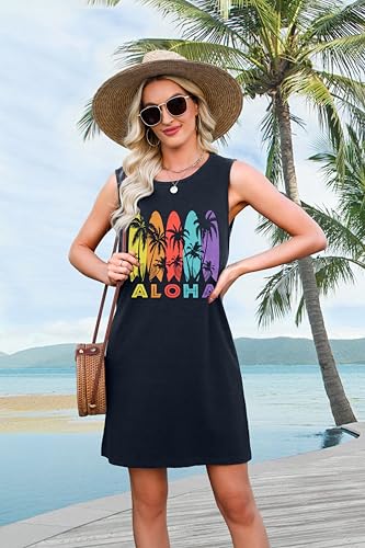 Image of MYHALF Summer Tank Dress for Women Sleeveless Beach Vacation Sundress Short Coconut Tree Sun Dress Casual Coverup