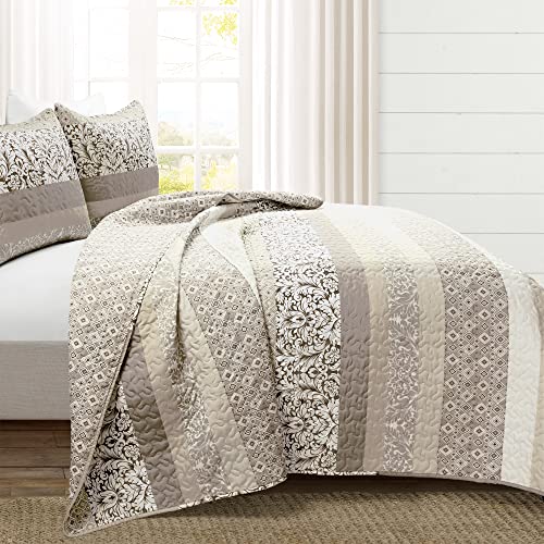 Image of Lush Decor Boho Stripe Reversible Cotton Quilt 3-Piece Set, King, Neutral - Bold Colorful Bohemian Bedding Set