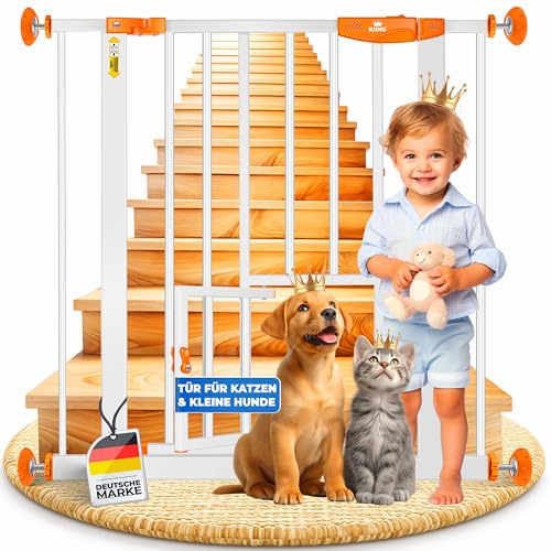KIDIZ Absperrgitter zum Klemmen mit Katzenklappe, Türschutzgitter, Autoclose Kinder Treppengitter ohne Bohren | 90° Stopp Schutz, schwenkbar,...