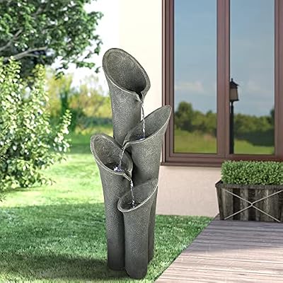Chilscreamni Waterfall Garden Fountain w/LED Lights - 33 1/2” H Curved Cascading Indoor Outdoor Water Fountain with Built-in Quiet Pump&LED Lights, Perfect Garden Water Feature, Patio Fountain