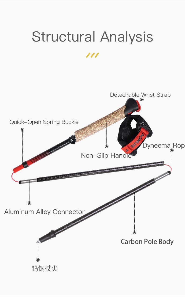 Bastones de trekking plegables, AONIJIE, Canbo Fibra Ligera, Bastones de Senderismo para Caminar Correr Bastones con Mango Absorbente (Rojo, 120 cm)