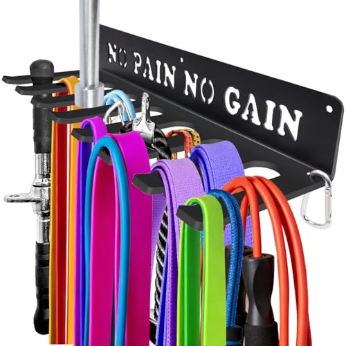 Gym Home Rack 8 Hook Heavy-Duty Wall-mounted Organizer Multi-Purpose Workout Gear Wall Hanger Storage for Resistance Bands Jump Ropes Lifting Belt Fitness Bands Barbells Carabiners Included (NO PAIN NO GAIN)