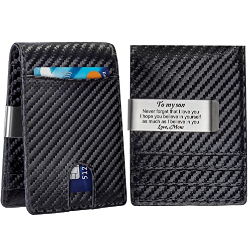 Personalized Mens Leather Wallet for Son from Mom - Engraved Slim Bifold with Money Clip - RFID Blocking Card Holder - Birthday, Christmas, Graduation Gift