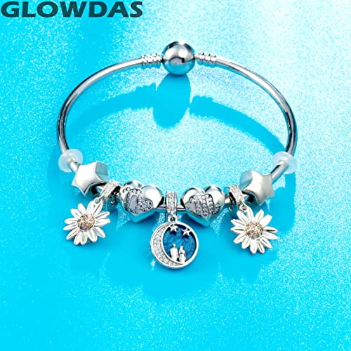 Couple Lover Under Night Sky Crescent Moon Stars Charms, fits Pandora Valentines Day Bracelet, Sterling Silver Blue Enamel Pendant Beads, Gifts for Wife/Couple4