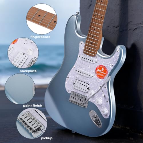 Image of Electric Guitar Beginner Kit -39in Solid Body Metal Electric Beginner Guitar Kits for Adults with Guitar Picks, Strap, Strings, Amp, Case, Metallic Finish, Guitarra Electrica M100S (Blue)
