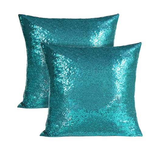 Poise3EHome 18x18inches Teal Throw Pillow Covers Sequin Decorative Pillow Cases for Couch, Bed, Living Room, Christmas (Teal, 2PCS)