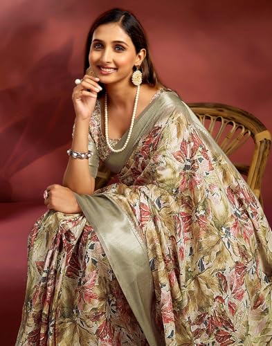 Image of SIRIL Women's Dola Silk Printed Jacquard Border Ready To Wear Saree with Unstitched Blouse Piece