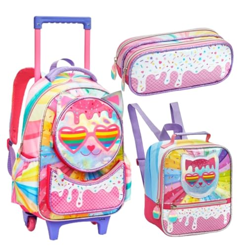 Kit Mochila De Rodinha Escolares Infantil Para Menina C/Alça Lancheira Estojo Estampa de Coração E Sorvete