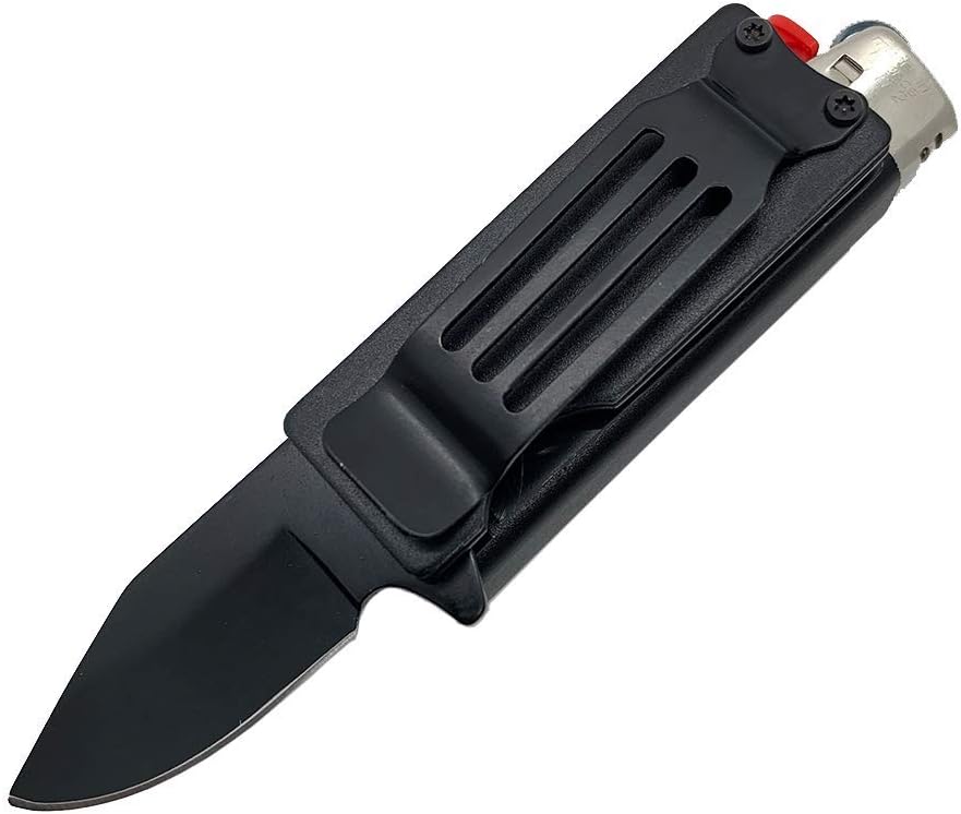 Blade City Lighter Knife - Standard BIC Lighter Holder with Spring Assisted 1 ¾” Stainless Steel Blade (Black)