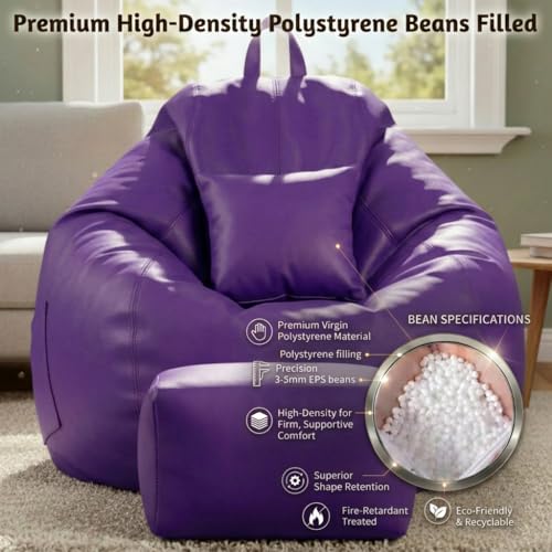 Image of KAM'S LIEU 5XL Luxury Faux Leather Bean Bag with Footrest & Cushion | Pre-Filled High-Density Polystyrene Beans | Premium Leatherette | 6 Months Warranty Color- (Purple, with Footrest)