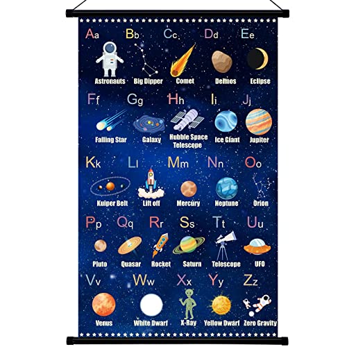 Image of Geyee Space Alphabet Hanging Posters Space Classroom Canvas Wall Art Plastic Framed Astronaut Abc Alphabet Art Print Educational Galaxy Themed Pictures for Kids Classroom, 28 x 45 cm