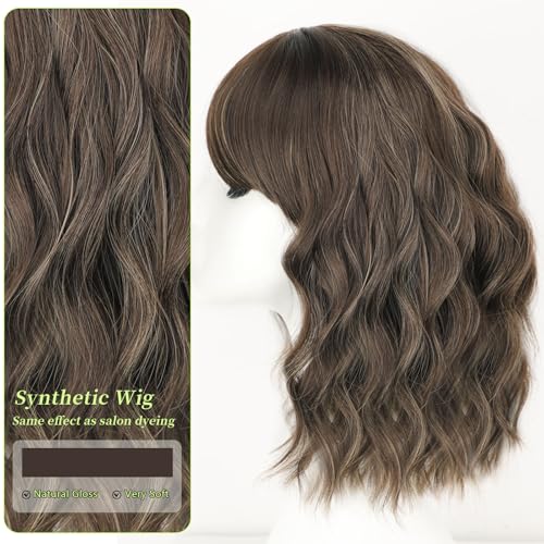 Image of AISI HAIR Curly Bob Wig with Bangs Short Wavy Warm Medium Brown Color Wigs for Women Bob Style Synthetic Heat Resistant Bob Wigs