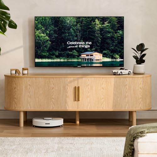 Image of ZttRiee TV Stand with Sliding Doors for TVs up to 60 inch, Modern, Natural | 55 inchW x 18.5 inchH x 15.7 inchD, 200 lbs top / 50 lbs shelf, 2 central shelves & 2 side cabinets, rounded corners, ~60 min assembly