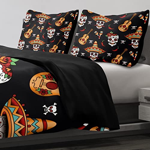 Duvet Covers Set King Mexican Skulls With Guitar - Soft And Breathable Microfiber Comforter Bedding Set With Zipper Closure For Kids Women Men, 1 Duvet Cover 2 Pillowcase #TOP4
