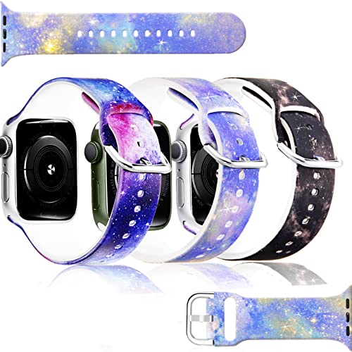 Blingbrione Starry Band Compatible Apple Watch Strap Print Pattern Women Man 3 Packs 38mm 40mm 41mm,Soft Silicone Starry Night Galaxy Star Sky Printed Girl Cute Wristband Strap for iphone Watch Series