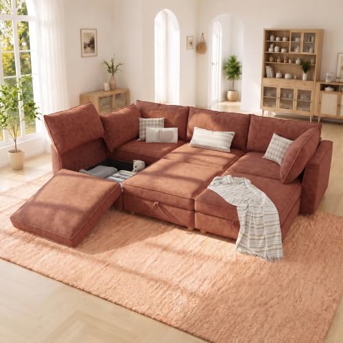 Image of 128 inch Chenille Modular Sofa Bed with Washable Covers & Storage, 6-Seater Modular Sectional Sleeper Sofa Bed with Movable Ottoman Chaise, Convertible Sleeper Sectional Couches for Living Room, Orange
