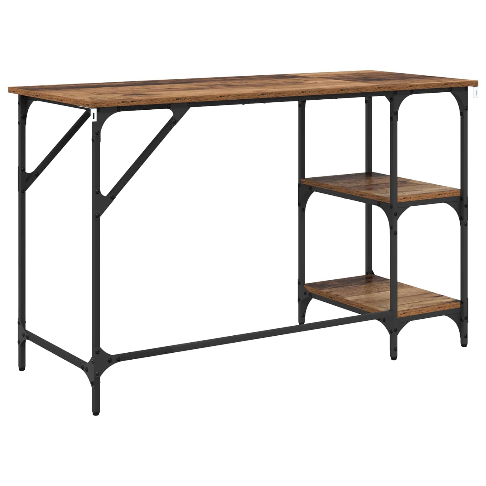 Scrivania Industriale con 3 Ripiani 120x50x75 cm Legno Vecchio | Tavolo da lavoro compatto per studio e casa con robusto telaio metallico e piedini regolabili per la massima stabilità.