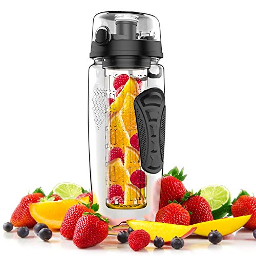 VickyVan Fruit Infuser Water Bottle, 32OZ Sports Bottle BPA-Free Leak Proof Full Length Infusion Rod Flip Top Lid Dual Anti-Slip Grips