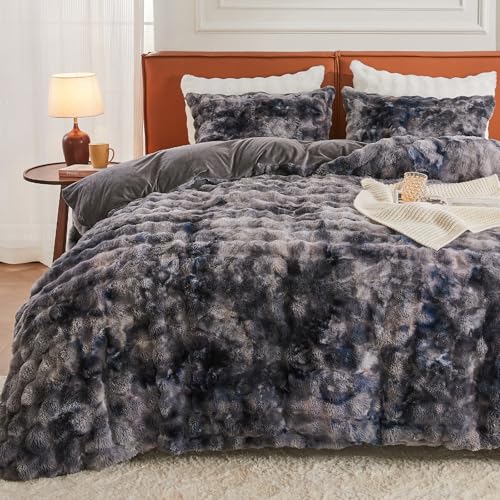 Image of EMME Faux Fur Duvet Cover King Size, 3 Pieces Ultra Soft Fluffy Comforter Cover, Cozy Warm for Winter, Luxury Shaggy Bubble Design Bedding, 1 Duvet Cover & 2 Pillow Shams (King, Tie Dye Dark Grey)