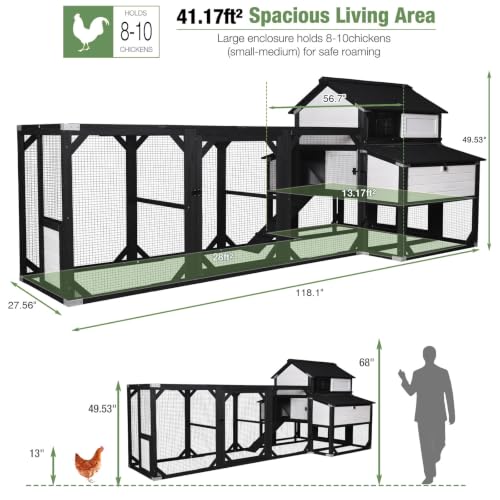 Image of Extra Large Wooden Chicken Coop for 8-10 Chickens, Reinforced Outdoor Hen House with Extended Run, 6 Nesting Boxes, Easy Clean Pull-Out Tray, Waterproof Asphalt Roof - Black, 118 inch L