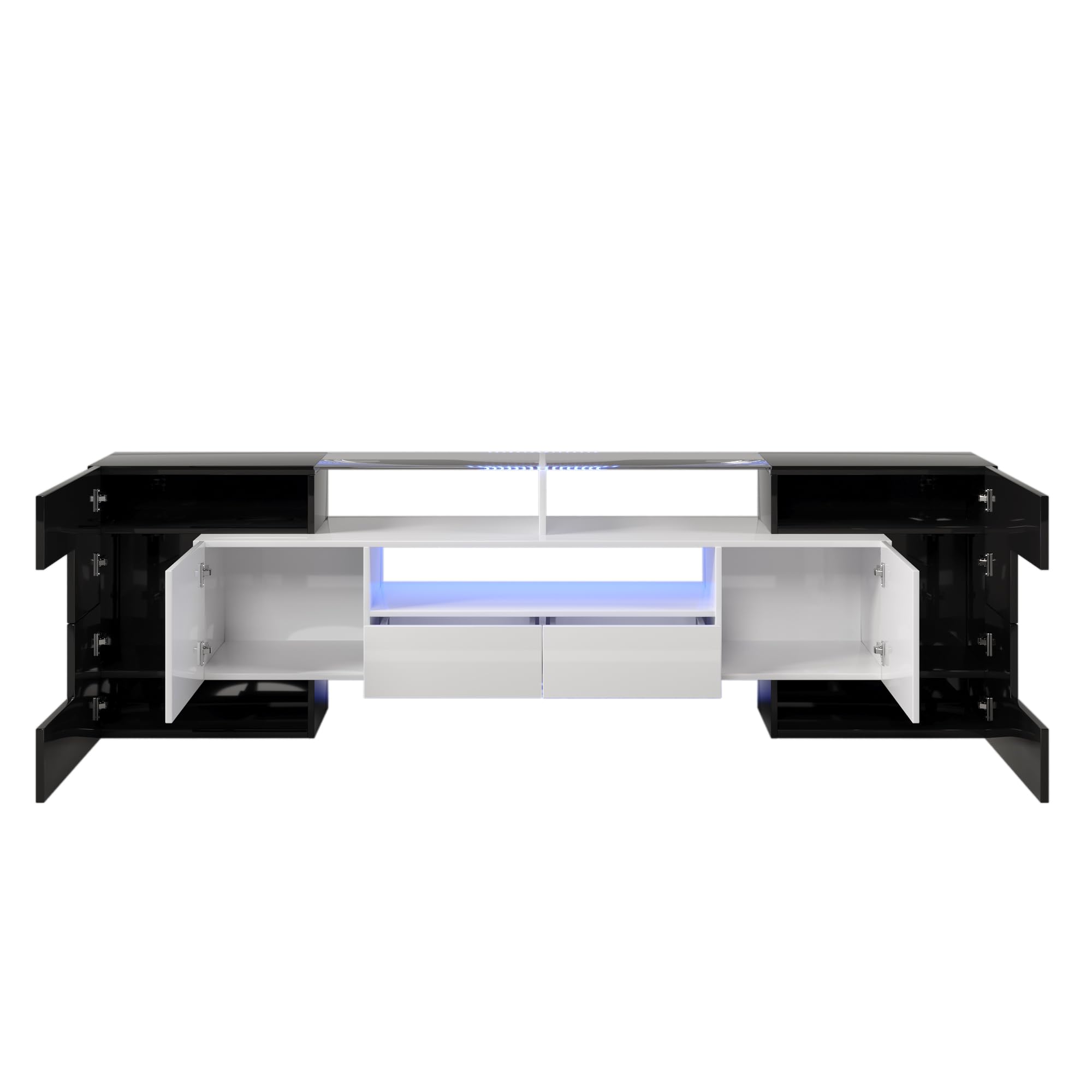 Mueble para TV de 200 cm, elegante mueble para TV, armario bajo de alto brillo con iluminación LED, muebles de salón, diseño moderno, elegante superficie de cristal (negro y blanco, 200 x 35 x