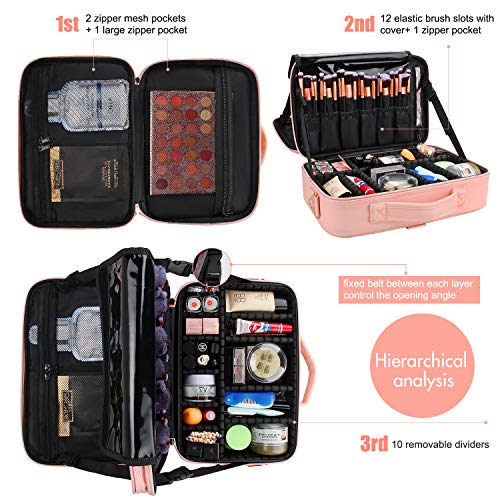 MONSTINA Travel Makeup Bag,Portable Cosmetic Train Case,2 Layer Large Capacity Makeup Organizer with 12 Brush Organizer and Zipper Pocket for Eye shadow Palette,Nail Tool,Beauty