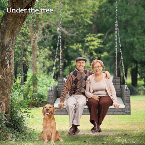 Image of VINGLI 4FT Wicker Swing, Rattan Porch Swing, Outdoor Hanging Seat, Grey