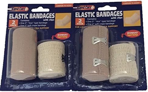 Rapid Care Elastic Bandages with Clips Plus a Support Bandage-2 Bandages and 2 Support Bandages Included-Total 4 Items