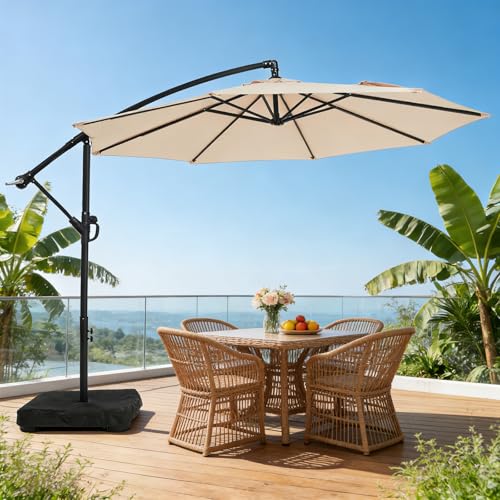 wikiwiki 10ft Patio Umbrella with Base Included, Outdoor Offset Cantilever Umbrella with Sandbag...