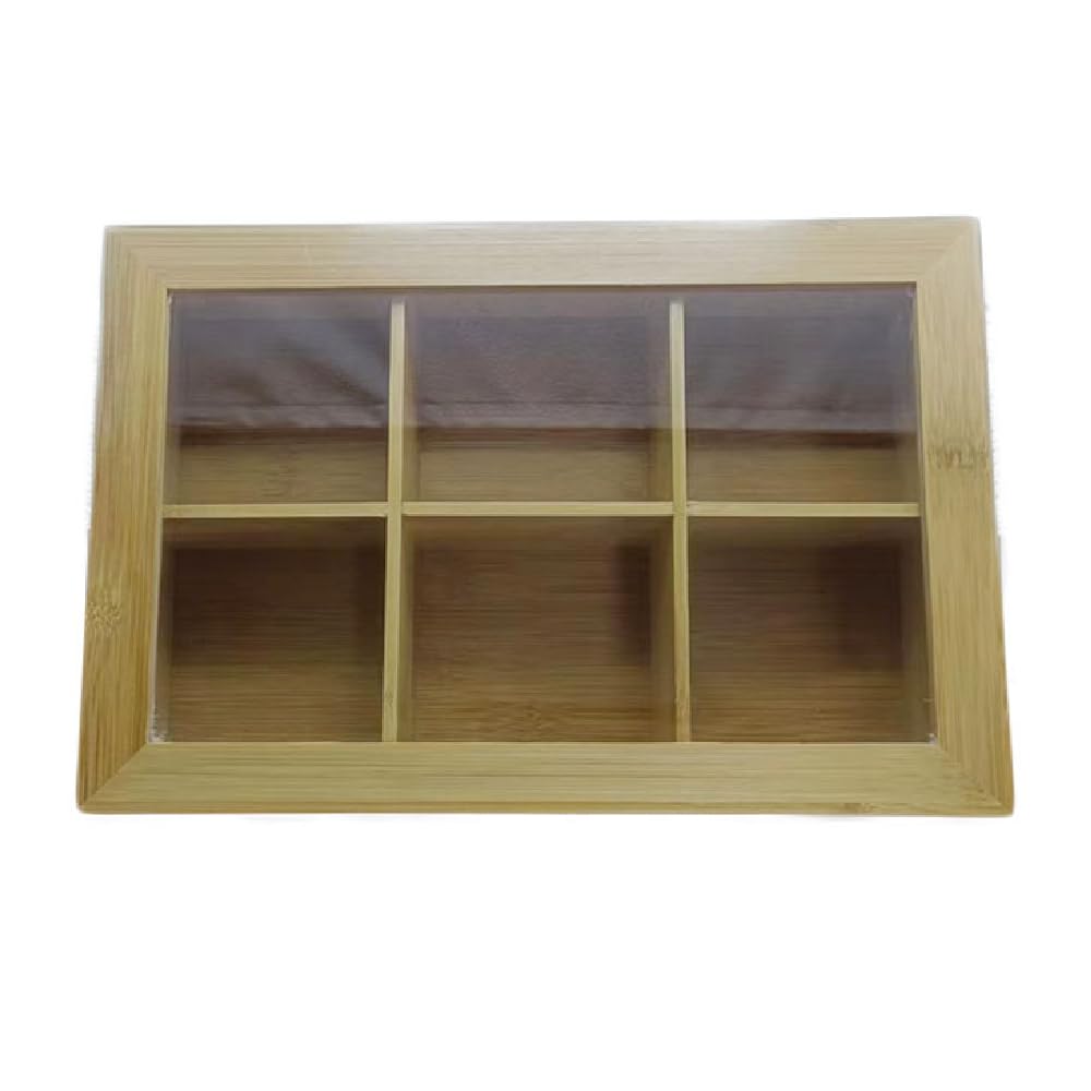 Bamboo Tea Box, Nuts, Spices Storage Organizer, Premium quality, Tea Chest Holder with 6 Compartments, Natural Wooden Color With Transparent Lid