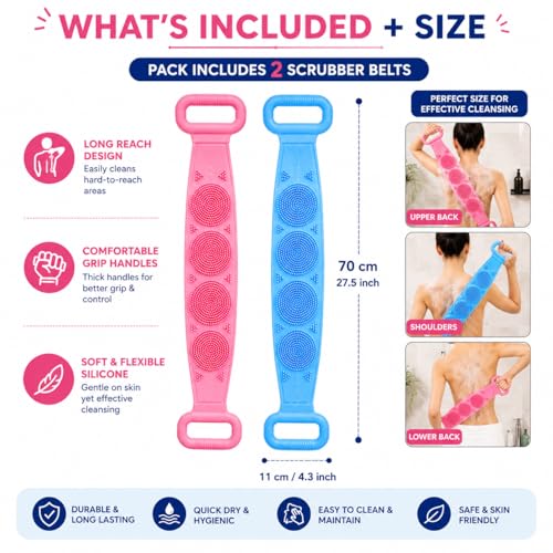 Image of Casa Zura Back Scrubber for Bathing, Silicone Body Scrubber for Bathing, Bath Belt Scrubber, Body Back Scrubber for Men & Women, Long Silicone Bath Brush for Exfoliating & Deep Cleaning, Pack of 2 multicolour