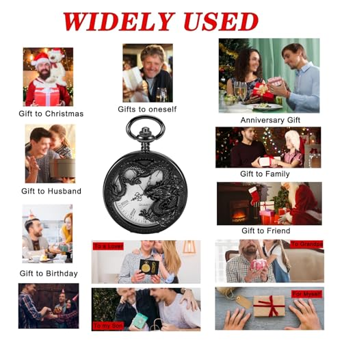 ساعة جيب كوارتز محفورة بشكل تنين عتيق للرجال مع سلسلة، هدية مخصصة فريدة مخصصة لعيد الميلاد وعيد الاب والزفاف، مينا عربي، حركة كوارتز