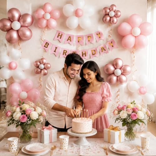 Image of Party Propz Flower Balloons For Decoration - 60 Pcs | Pink And White Balloons For Birthday | Flower Clips | Flowers Decoration For Birthday Party | Happy Birthday Banner (Latex)