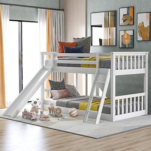 KLMM Twin Over Twin Low Bunk Bed for Kids, Solid Wood Floor Bunk Bed with Slide and Inclined Ladder, Ladder and Slide can be Interchanged or Remove, Space-Saving (White-Pine-Bunk-6)