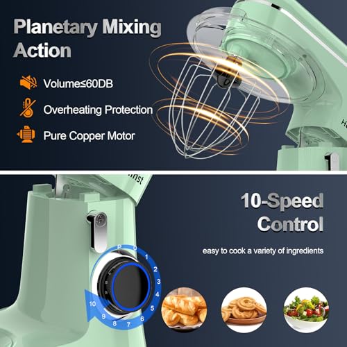 Stand Mixer, 6.5QT 10-Speed Tilt-Head Electric Stand Mixer, 3-In-1 Kitchen Mixer with Bowl, Dough Hook, Whisk and Beater, Food Mixer for Baking, Cake and Most Home Cooks, Light Green - Image 4