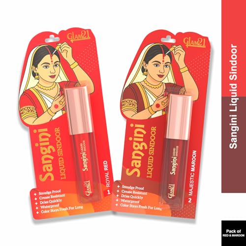 Image of Glam21 Sangini Liquid Sindoor |Rich Color & Smooth Application | Long-Lasting Matte Finish | Quick-Dry, Smudge-Proof & Comfortable Wear|For Everyday Use|Pack of 2 |4ml Each,Majestic Maroon & Royal Red