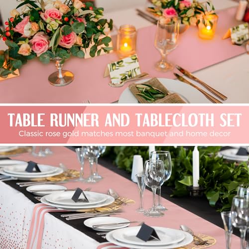 Image of Breling 8 Pack White and Rose Gold Disposable Plastic Tablecloths and Satin Table Runner Set, 54 x 108 Inch Tablecloth, 12 x 108 Inch Table Runners for Wedding Graduation Birthday Baby Shower New Year
