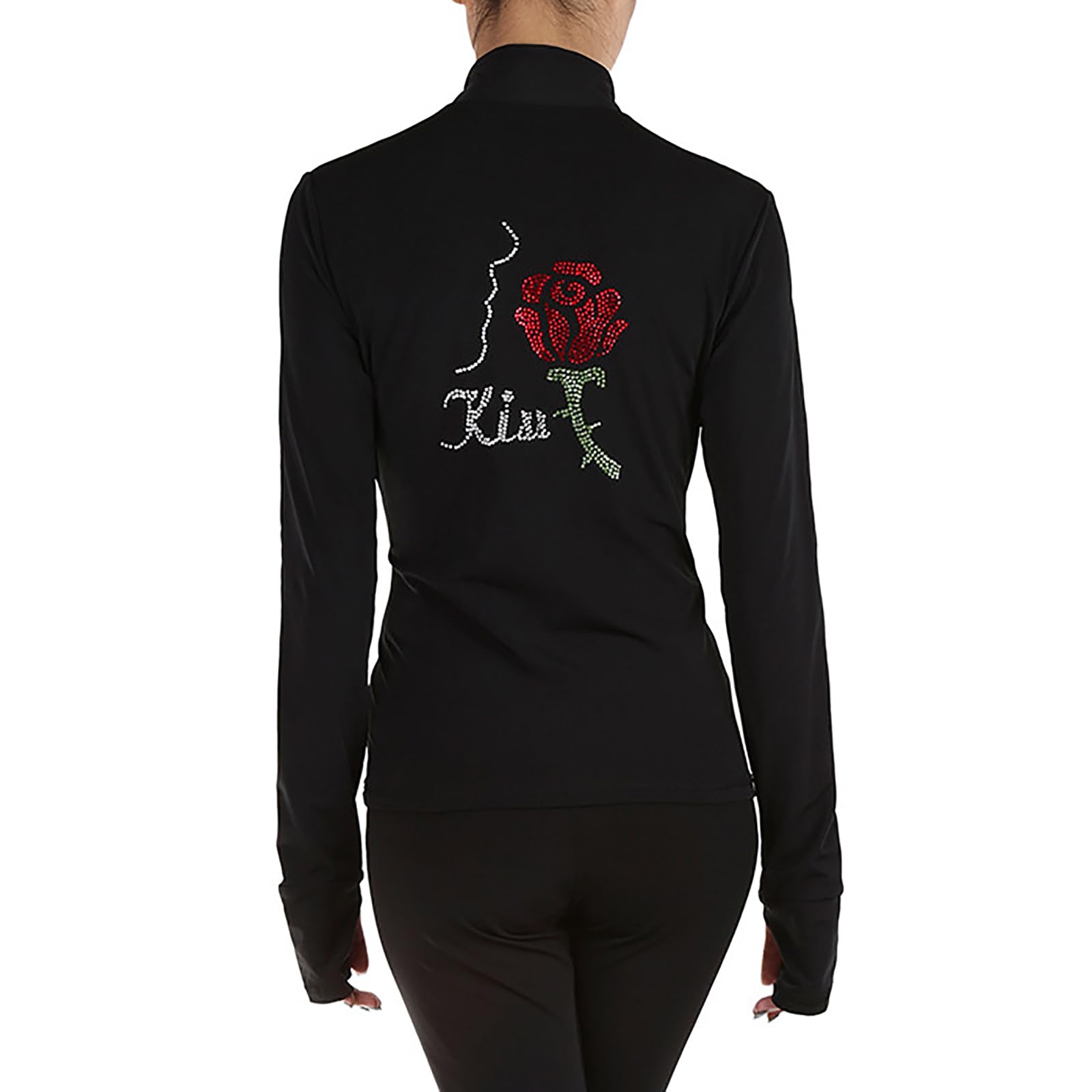 Giacca da Pattinaggio Artistico Ghiaccio con Strass per Ragazze e Donna per Ginnastica Professionale(Size:M,Color:Nero-Sottile)