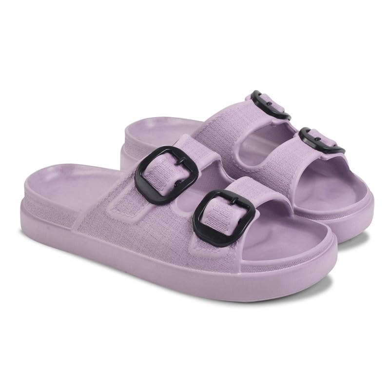 Women's Double Buckle Slide Sandals – Soft EVA Slip-On Slippers with Arch Support and Anti-Skid Sole for Indoor & Outdoor Use