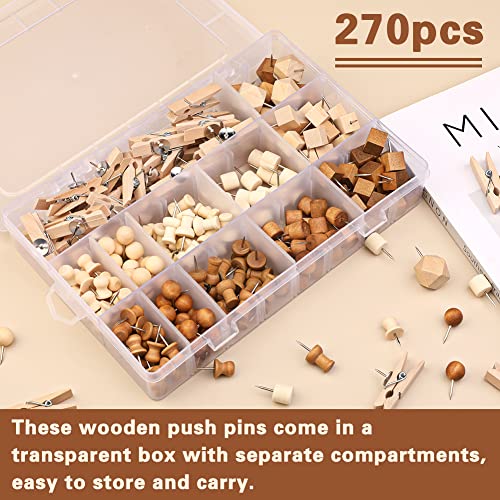 image for IMZAY 270 Pcs Wood Push Pins, 2 Colors and 7 Types Decorative Thumb Ta