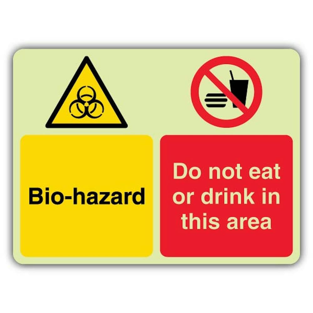 V Safety - Señal de seguridad que brilla en la oscuridad Bio-Hazard - No comer ni beber en esta zona, 800 x 600 mm, hecha de plástico rígido de triple brillo, señalización de advertencia de peligro